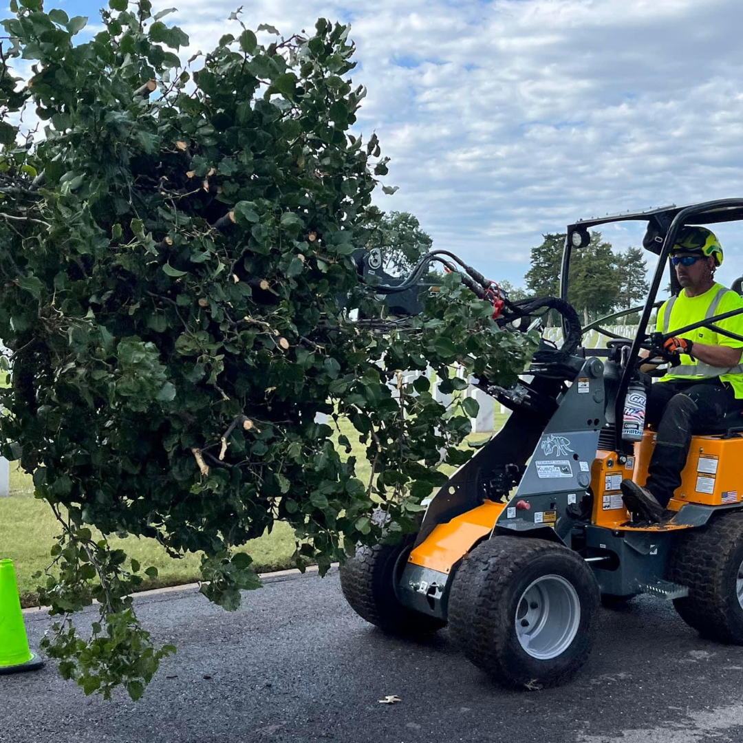 Arborist operating equipment to remove large tree branches, emphasizing emergency tree services by Davis Family Arbor in Tulsa.