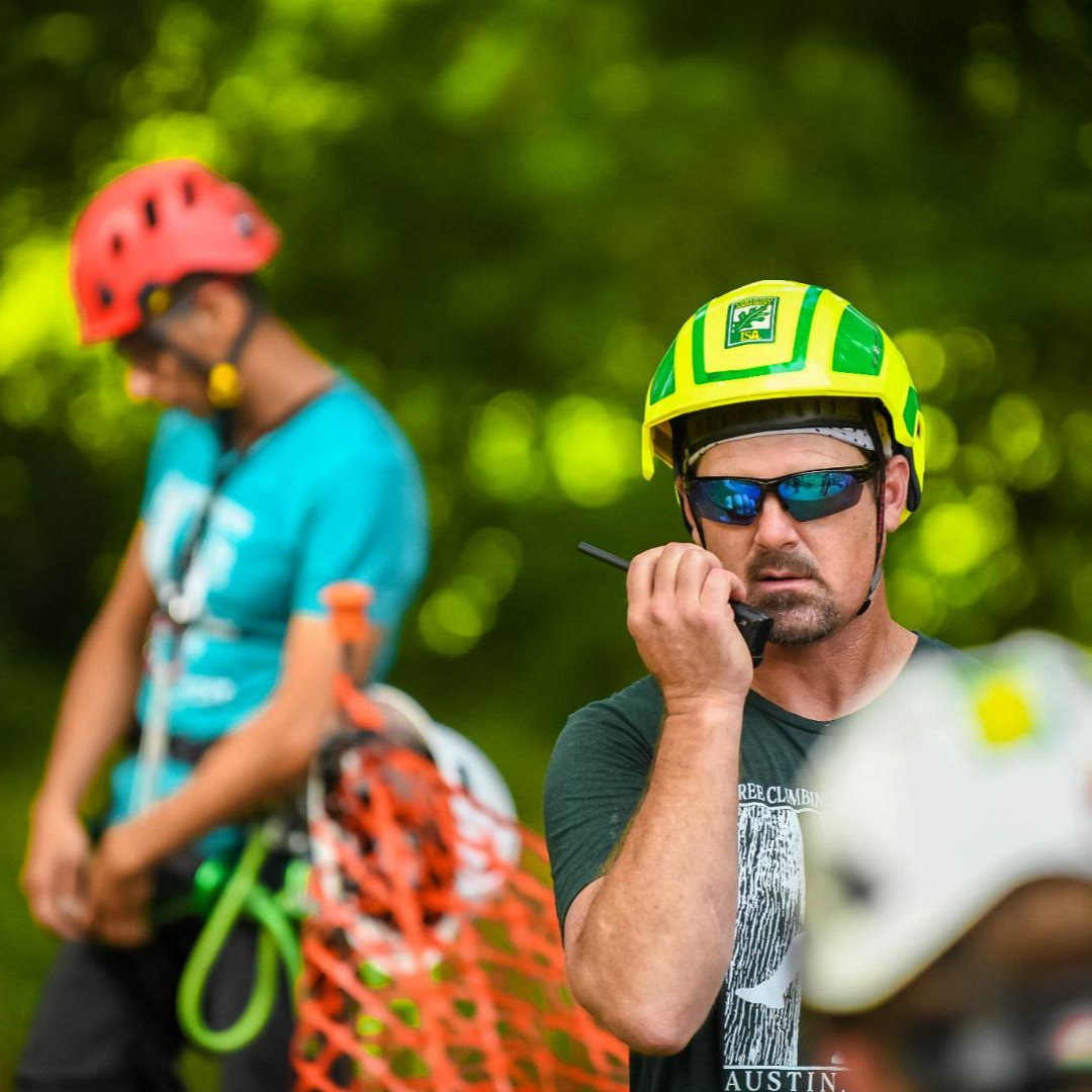 Arborist in safety gear communicating via radio, overseeing tree service operations with team members in background, emphasizing emergency tree services expertise.