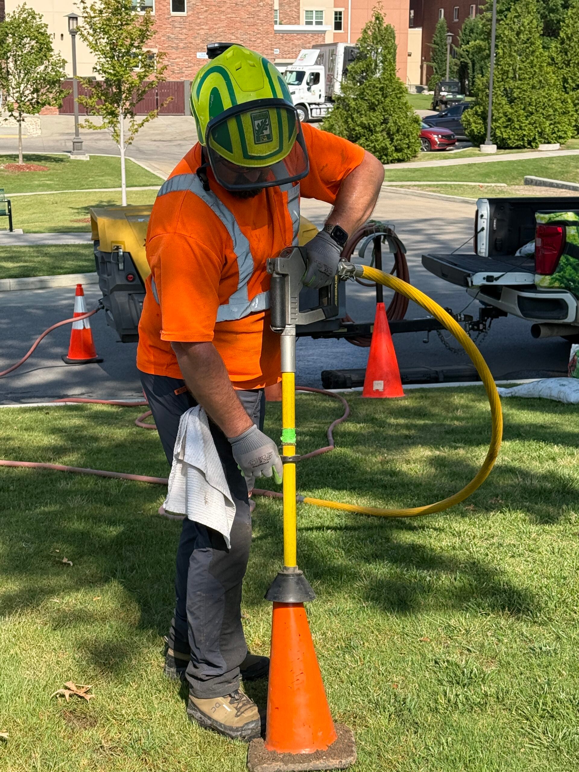 Arborist in safety gear operating tree health equipment, assessing tree condition and applying care solutions on a landscaped property.