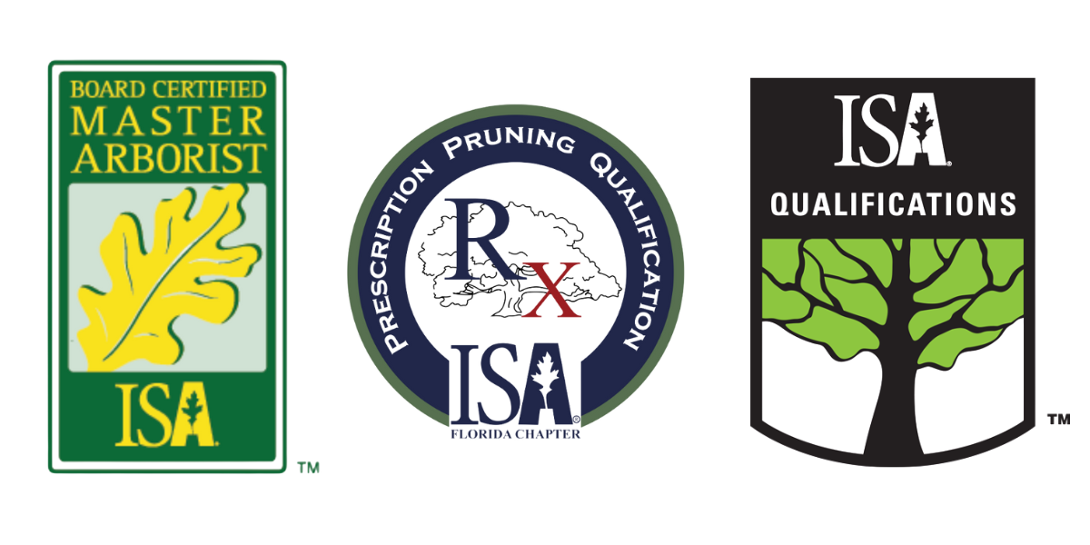 Board Certified Master Arborist, Prescription Pruning Qualification, and ISA Qualifications logos showcasing Davis Family Arbor's expertise in emergency tree services.