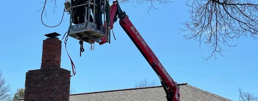Aerial lift raising an arborist to a bare limb hanging over a brick chimney and roof