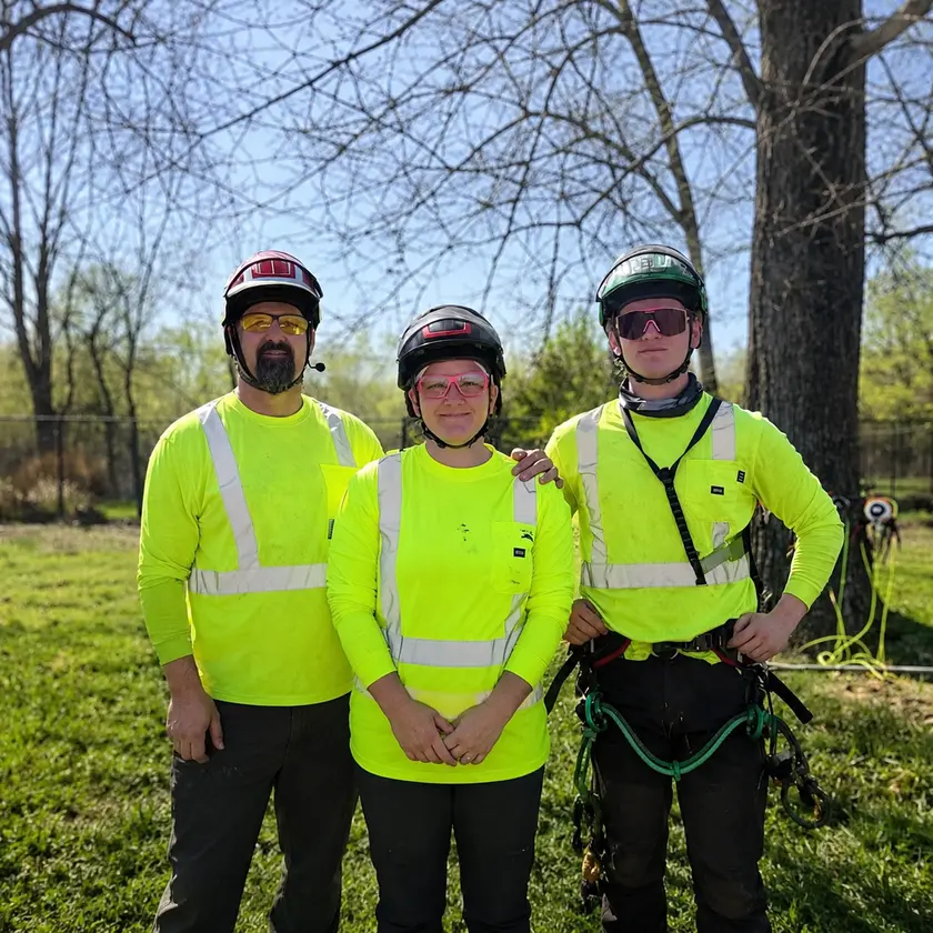 Three Davis Family Arbor arborists in high-visibility shirts, helmets and climbing gear standing together in front of a mature tree