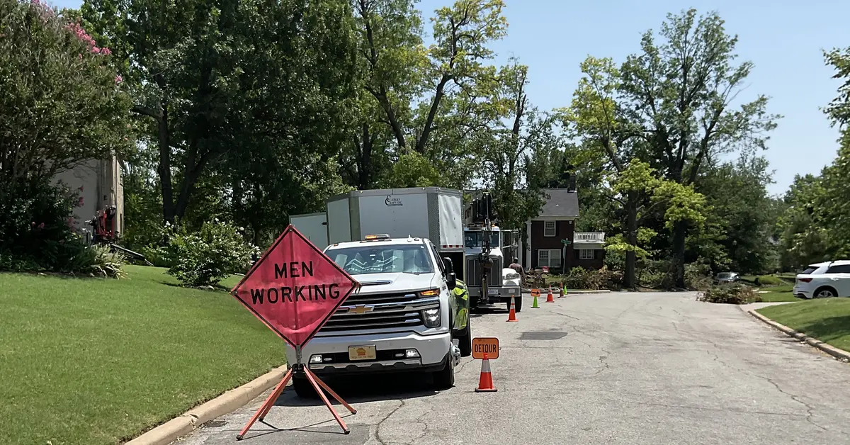 Tree work in progress on a residential street with a MEN WORKING sign and traffic cones set out